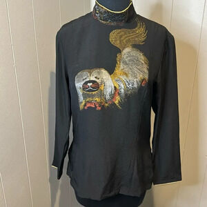 Yuya designer black embroidered pekingese front, collar, & back shoulder top. Md